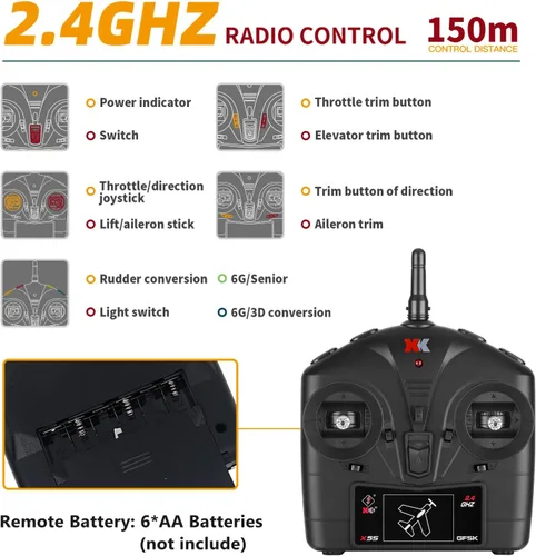 Vista 5 de CKYSCHN WLtoys XK A280 Avión RC, avión RC P51 Mustang de 4 canales con luces, aviones RC sin escobillas 6G/3D, avión de control remoto 2.4G, aviones