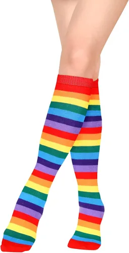 Vista 9 de Suluia Calcetines altos de color arcoíris para mujer, a rayas hasta la rodilla, medias altas hasta el muslo, tubo largo, copa del mundo, calcetines