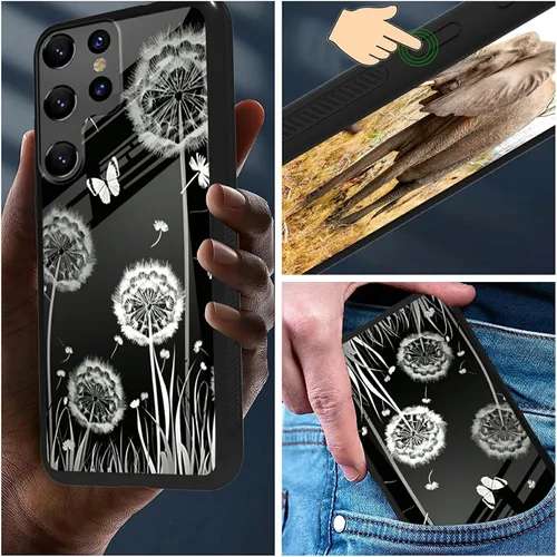 Vista 4 de Funda para teléfono Samsung Galaxy S23 Ultra con protector de pantalla de vidrio templado delgado, cubierta negra, diseño elegante de diente de león