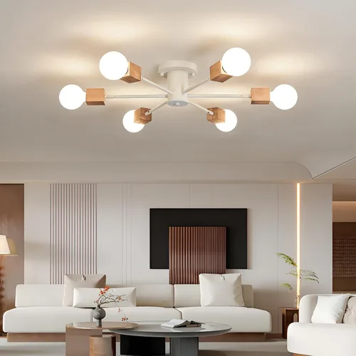 Vista 8 de Lámpara Sputnik Boho de 6 luces semiempotrada para techo, lámpara de techo de madera y blanca para comedor, sala de estar, dormitorio, cocina
