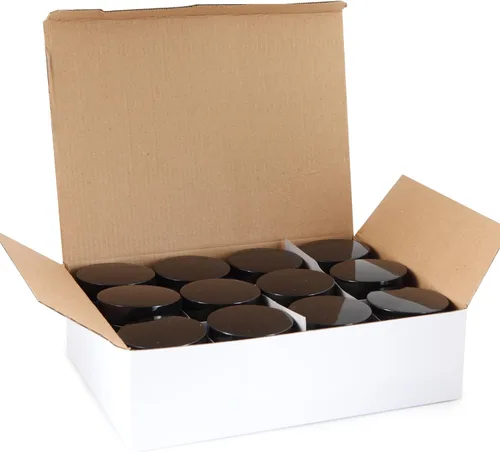 Vista 4 de Vivaplex, 12, ámbar, redondo, de 4 oz, tarros de vidrio, con forros interiores y tapas negras.