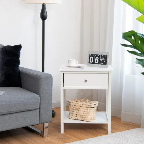 Vista 4 de COSTWAY 2PCS Mesita de noche con cajón Estante de almacenamiento de madera Mesita de noche Sofá Mesa auxiliar Blanco
