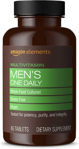 Vista 4 de Multivitamina diaria para hombres de más de 40 años de Amazon Elements, con un 67 % de su composición procedente de alimentos integrales, vegana; 65