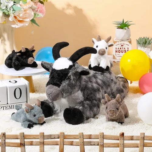 Vista 3 de HyDren Juego de 5 piezas de peluche de cabra de 18 pulgadas, peluche de cabra con 4 peluches de bebés en su barriga, almohada de felpa suave de Gris