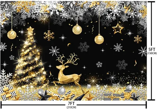 Vista 5 de AIBIIN Telón de fondo de Navidad de invierno de 7 x 5 pies para fotografía, campana dorada, copos de nieve, árbol de Navidad, renos, fotografía