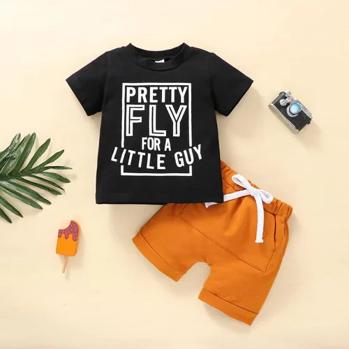 Vista 2 de RogPrincekids Ropa de verano para bebés y niños pequeños, ropa de verano de manga corta con estampado de letras, conjunto de 2 piezas
