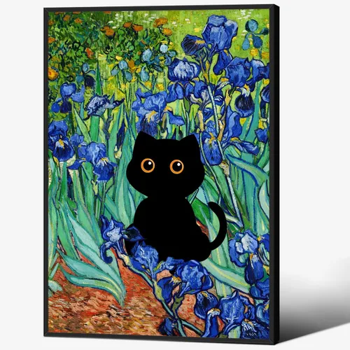 Vista 25 de CAXIYSH Arte de pared de gato negro Monet, póster de lirios acuáticos, vintage, divertido, floral, gato, lienzo, pinturas famosas, impresiones