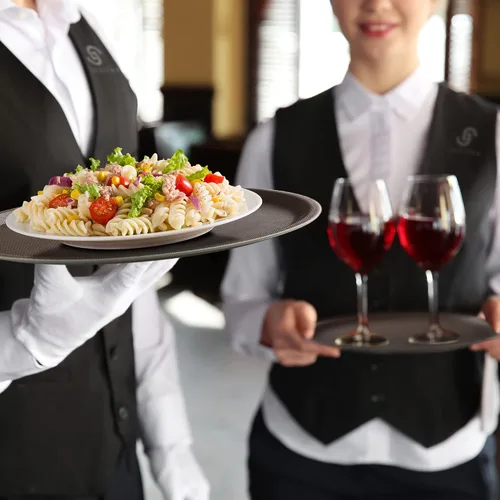 Vista 3 de Jubilee Bandejas redondas de 14 pulgadas para servicio de restaurante (juego de 2), color marrón, bandeja antideslizante certificada NSF