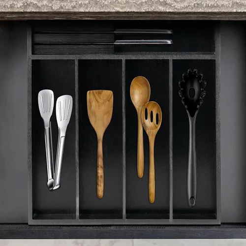 Vista 5 de VaeFae Organizador de cubiertos de bambú, soporte para utensilios para cajón, bandeja de cubiertos de madera con separador para cajón de cocina