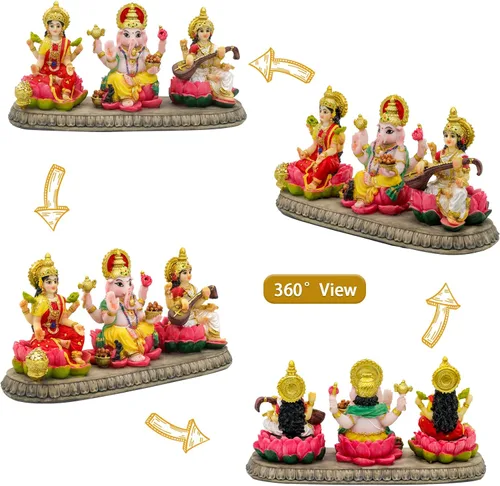 Vista 4 de India Laxmi Ganesh Saraswati Estatua – 3.9 pulgadas de alto Dios indio Lakshmi Ganesha Saraswati Estatuilla de ídolo hindú Diwali Regalos Diwali