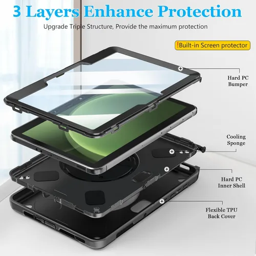 Vista 6 de Funda para Galaxy Tab Active 5 Pro 2025/4 Pro 2022/2019 de 10.1 Pulgadas: TPU con Soporte - Protector de Pantalla - Correa de Mano - Correa de Negro