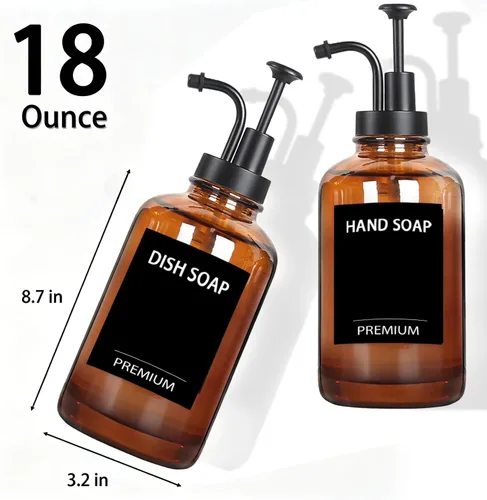 Vista 6 de Dispensador de jabón para platos ámbar de 18 onzas para cocina, juego de dispensador de jabón de vidrio ultra grueso con bandeja, bomba, embudo