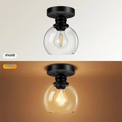 Vista 7 de Glass Semi Flush Mount Ceiling Light, Industrial Porch Light Fixtures, Matte Black Base with 6“ Clear Glass Shade, Bright Close to Ceiling Light for