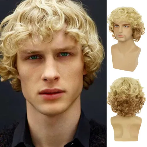 Vista 11 de Peluca negra corta y rizada para hombre, peluca sintética para cosplay, con gorra de peluca