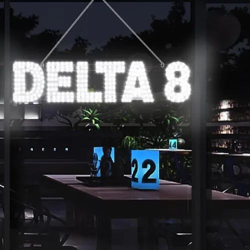 Vista 3 de Letreros LED grandes de Delta 8 de 30"x10" para negocios, diseño único súper brillante Letrero Delta 8 con instalación colgante, Letrero Delta 8
