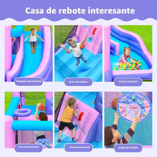 Vista 5 de WELLFUNTIME Casa inflable de rebote con tobogán, castillo de salto para niños con soplador, pozo de bolas, pared de escalada, diana, aro