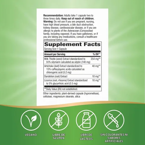 Vista 2 de Nature's Way Super Milk Thistle, promueve la función hepática saludable*, mezcla de 4 hierbas, vegano, 120 cápsulas