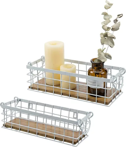 Vista 9 de MyGift 2 cestas de almacenamiento de metal geométrico negro montado en la pared con base rústica de madera quemada maciza, cubos pequeños