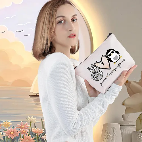 Vista 5 de LEVLO Pingüinos divertidos cosméticos maquillaje bolsa de regalo amante de los animales paz amor pingüinos maquillaje cremallera bolsa de pingüinos