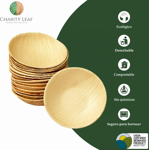 Vista 2 de Charity Leaf Mini tazón redondo de hoja de palma desechable de 3.5 pulgadas (25 piezas) Como bambú Todo natural y biodegradable Tablas