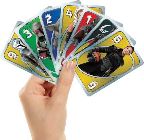 Vista 2 de UNO Star Wars The Mandalorian en lata de almacenamiento, cubierta temática y regla especial, regalo para niños, adultos y noches de juego