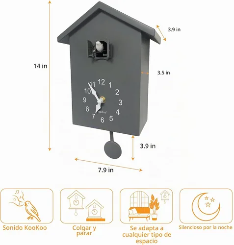 Vista 6 de WALPLUS Reloj de cuco moderno con diseño de pájaro que canta en la hora Coo Coo Coo Relojes de pared con péndulo de reloj de cuco de pájaro Gris