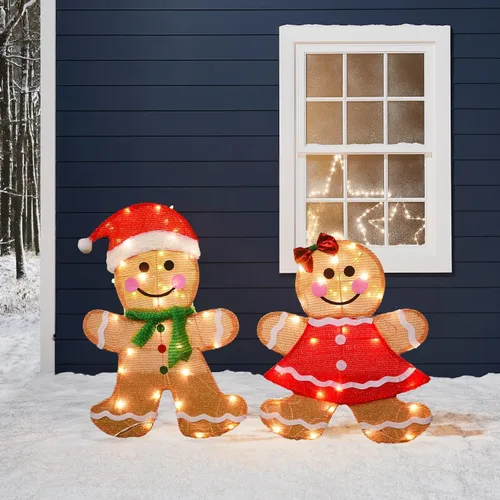 Vista 5 de Dazzle Bright Decoración navideña para exteriores, 2 piezas de hombre de jengibre 2D iluminado con 50 L, 23 pulgadas, hombre de jengibre iluminado