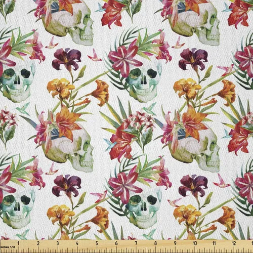 Vista 79 de Ambesonne The Yard, tela de calavera colorida con temática de Halloween, diseño de calavera y huesos cruzados, divertido estampado de dibujos