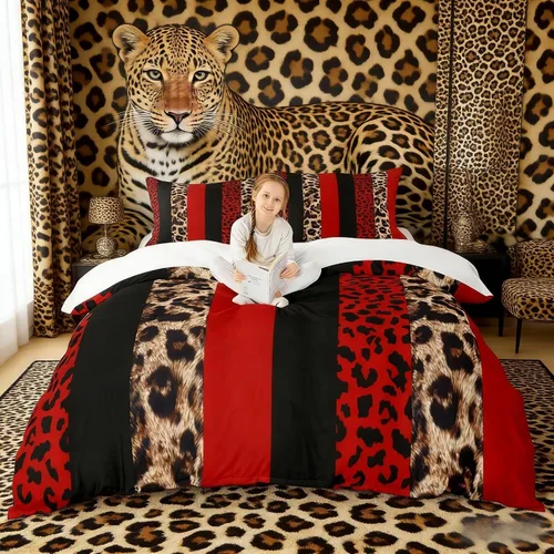 Vista 28 de Juego de funda de edredón para niños con estampado de leopardo, tamaño individual, juego de ropa de cama de moda de piel de guepardo abstracto