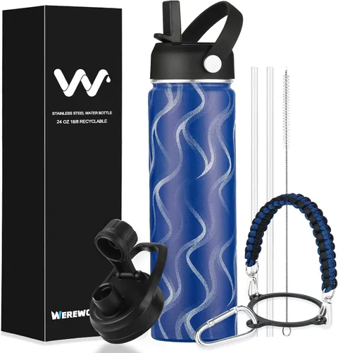 Vista 12 de WEREWOLVES Botella de agua aislada con asas y correa con dos tapas, reutilizable, boca ancha, al vacío, botella de agua de acero inoxidable
