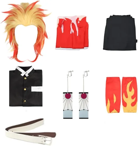 Vista 6 de Buyoem Disfraz de anime Rengoku para adultos, disfraz de Rengoku para Halloween, cosplay, capa, kimono con aretes para peluca