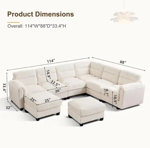 Vista 2 de HAOMARKETS Sofá esquinero modular en forma de L de 115 pulgadas con 2 otomanas móviles, sofás de pana de 8 plazas con cojín grueso para sala de Beige