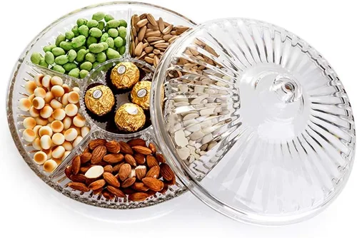 Vista 3 de Bandeja creativa de acrílico multifuncional para aperitivos con tapa, platos para servir frutas secas, nueces, dulces, frutas, 6 compartimentos