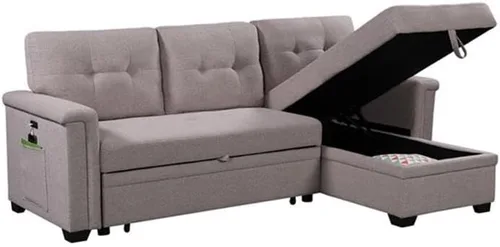 Vista 4 de Lilola Home Nathan - Sofá modular reversible de lino gris claro de 84 pulgadas con diván de almacenamiento y puertos de carga USB, sofá esquinero
