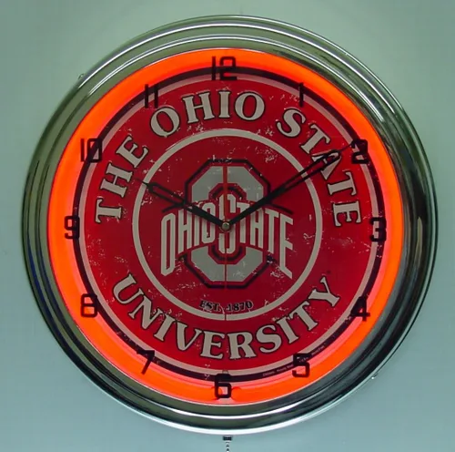 Vista 3 de Ohio State University Logo Sign Reloj de pared con luz neón cromado rojo