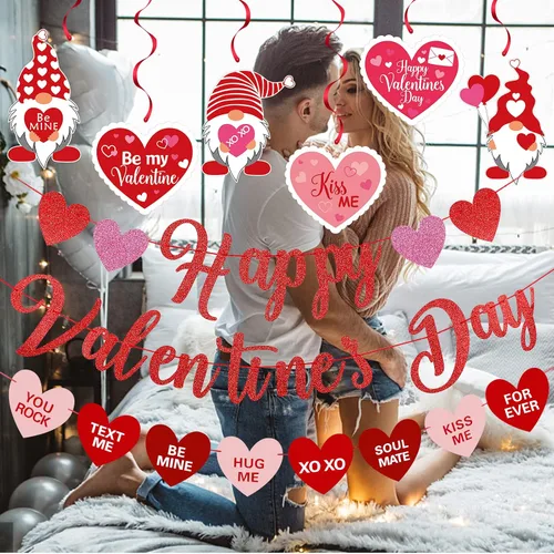 Vista 3 de Cartel rojo de feliz día de San Valentín y decoración de remolinos de corazón colgante de San Valentín para decoración de fiesta de feliz día de San