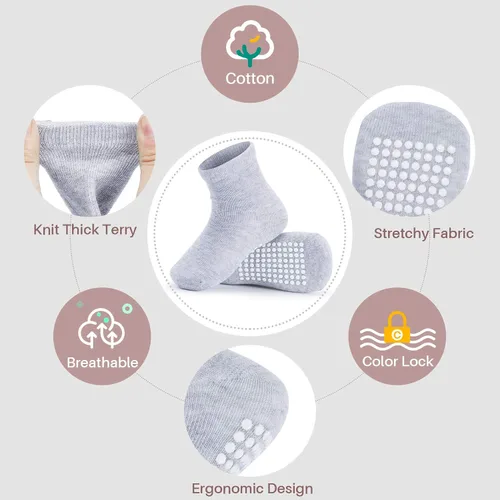 Vista 2 de JAKIDAR Paquete de 12 calcetines de algodón para bebés, calcetines para niños pequeños, antideslizantes, parte inferior
