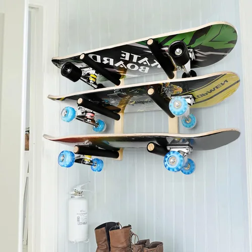 Vista 5 de Estante de almacenamiento para patineta, soporte de esquí y snowboard, estante flotante de montaje en pared, organizador de monopatín