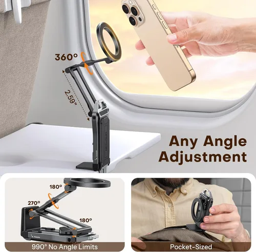 Vista 5 de OMOTON TP02 Trípode Giratório de 360° para MagSafe, Trípode Magnético de Aluminio Ajustable para iPhone 17/16/15/14 Pro Max Air, Soporte Plegable