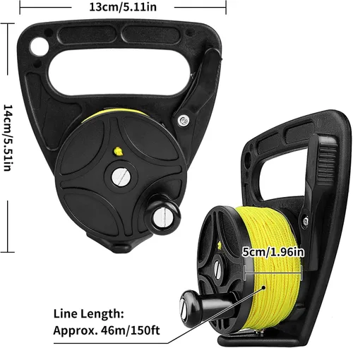 Vista 5 de Carrete de buceo con tapón de pulgar, resistente 46m/150ft White Line SMB Scuba Ratchet Dive Reel con interruptor de tope de mango para cueva
