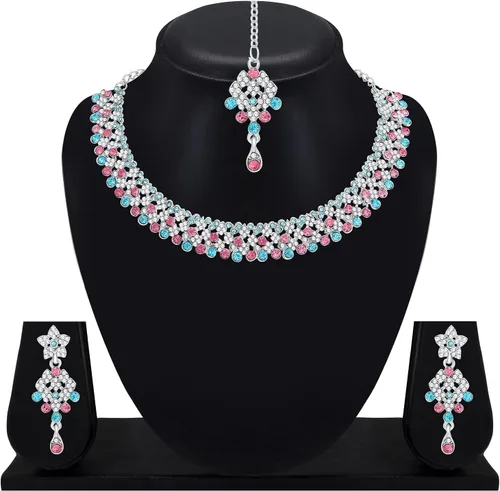 Vista 5 de Rockland fashion Espléndido juego de gargantilla de aleación chapada en plata para mujeres y niñas, Metal, Diamantes de imitación