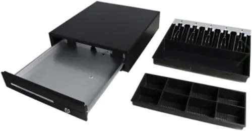 Vista 2 de NRS POS Cajón de caja registradora, cajón de metal resistente para pequeñas empresas con bandeja extraíble, automático o bloqueo de llave (negro)