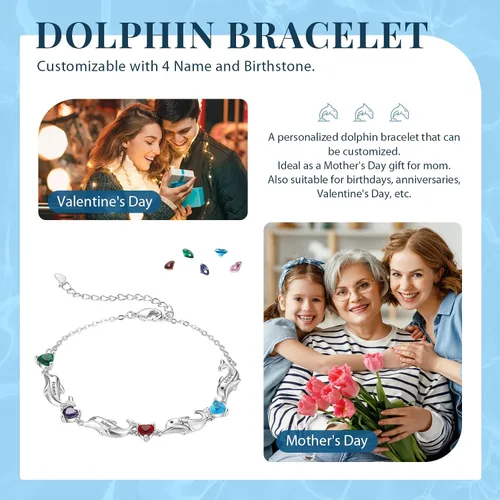 Vista 6 de LoraPetid Pulseras personalizadas para madre de delfín, pulseras de piedra natal de 2 a 6 nombres para mujer, pulseras de eslabones con dije