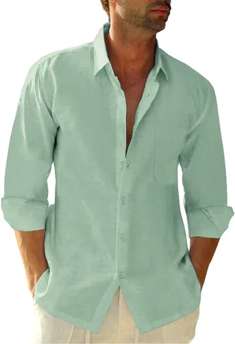 Vista 18 de JEKAOYI - Camisas de lino con botones para hombre, de manga larga, ajuste regular, de algodón, camisas de playa con bolsillo