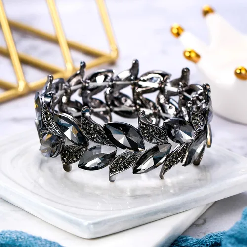 Vista 5 de BriLove Pulsera elástica de hoja con forma de marquesa de cristal nupcial para mujer
