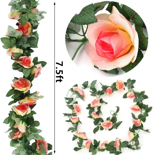 Vista 2 de Guirnalda de vid de rosas falsas de 16 pies, plantas artificiales para colgar, hiedra rosa, hogar, hotel, oficina, boda, fiesta, decoración