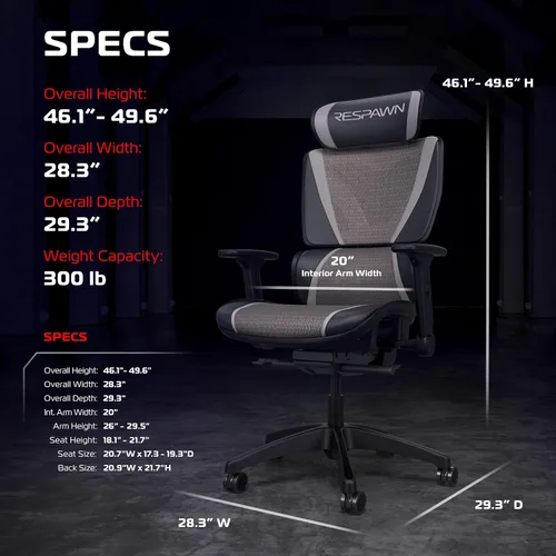 Vista 2 de Respawn Silla de oficina de malla ergonómica Specter con reposacabezas y Gris (Graphite Grey)