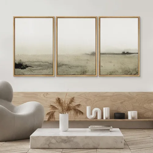 Vista 557 de SIGNWIN Lienzo enmarcado para pared, juego de arte pastel con cadena montañosa, bosque, niebla, naturaleza silvestre, ilustraciones modernas, arte