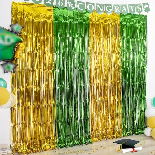Vista 11 de LOLStar Paquete de 2 decoraciones de fiesta de graduación azul y dorado 2025, cortinas de flecos de aluminio de 3.3 x 6.6 pies, telón de fondo