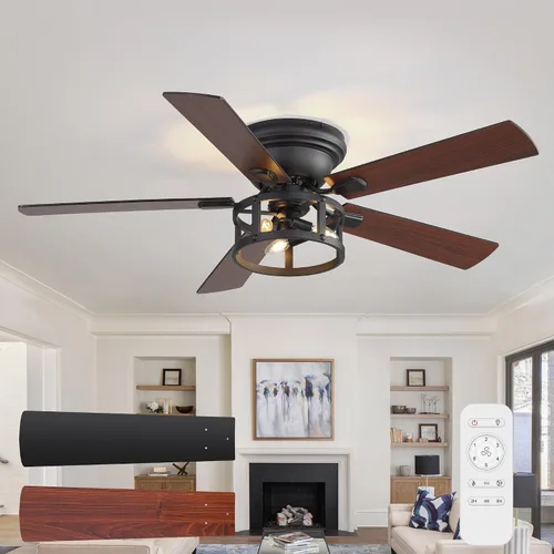 Vista 9 de Ventilador de techo rústico de granja de montaje empotrado de 52 pulgadas con luz y control remoto, motor AC reversible, 5 aspas de doble acabado